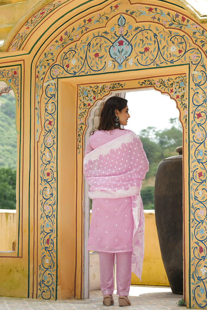  Women Pink Woven Design Kurta Trousers With Dupatta