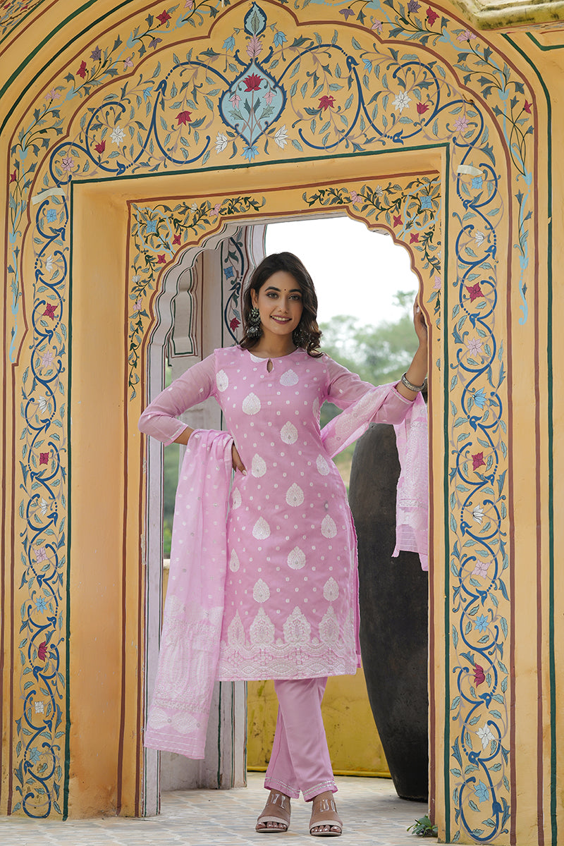  Women Pink Woven Design Kurta Trousers With Dupatta