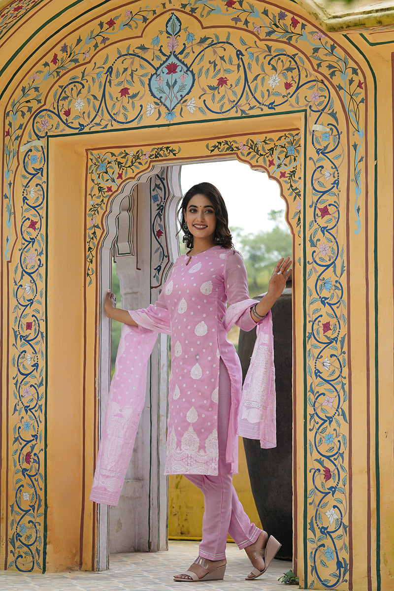  Women Pink Woven Design Kurta Trousers With Dupatta