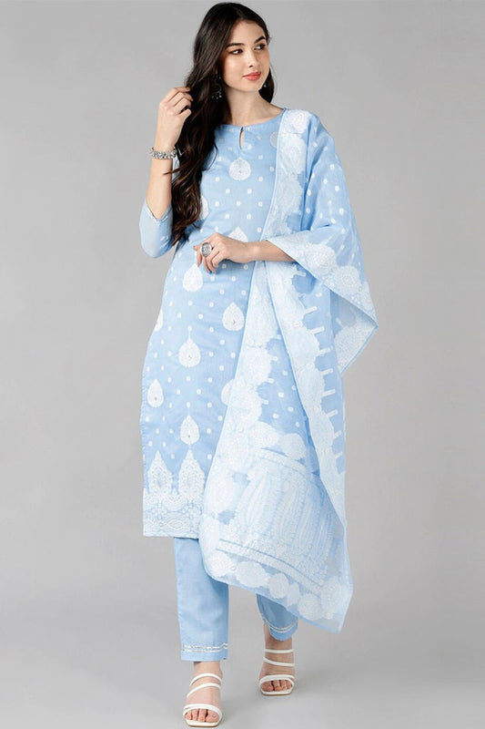 Blue Poly Chanderi Ethnic Motifs Straight Suit Set PKSKD1177