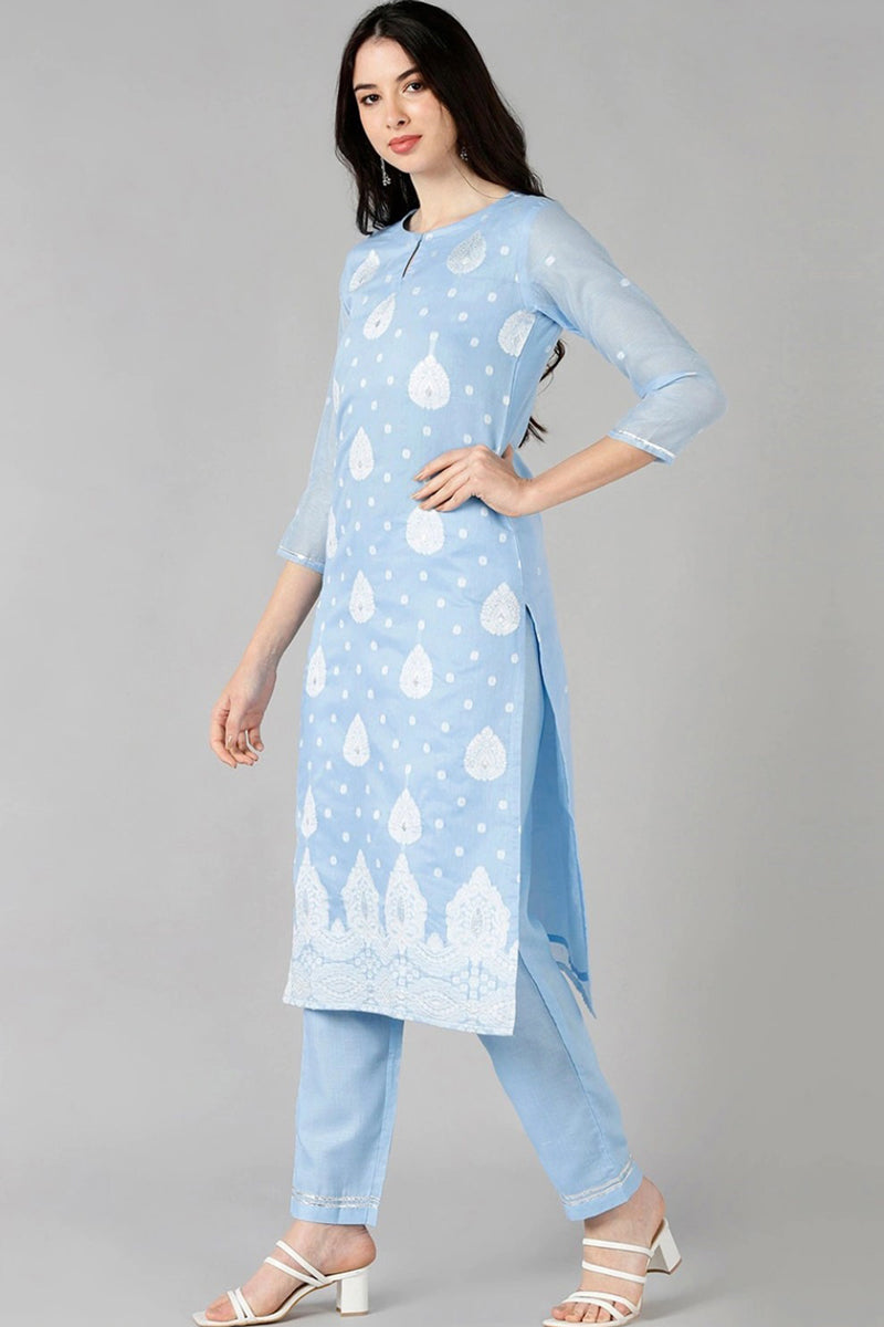 Blue Poly Chanderi Ethnic Motifs Straight Suit Set PKSKD1177