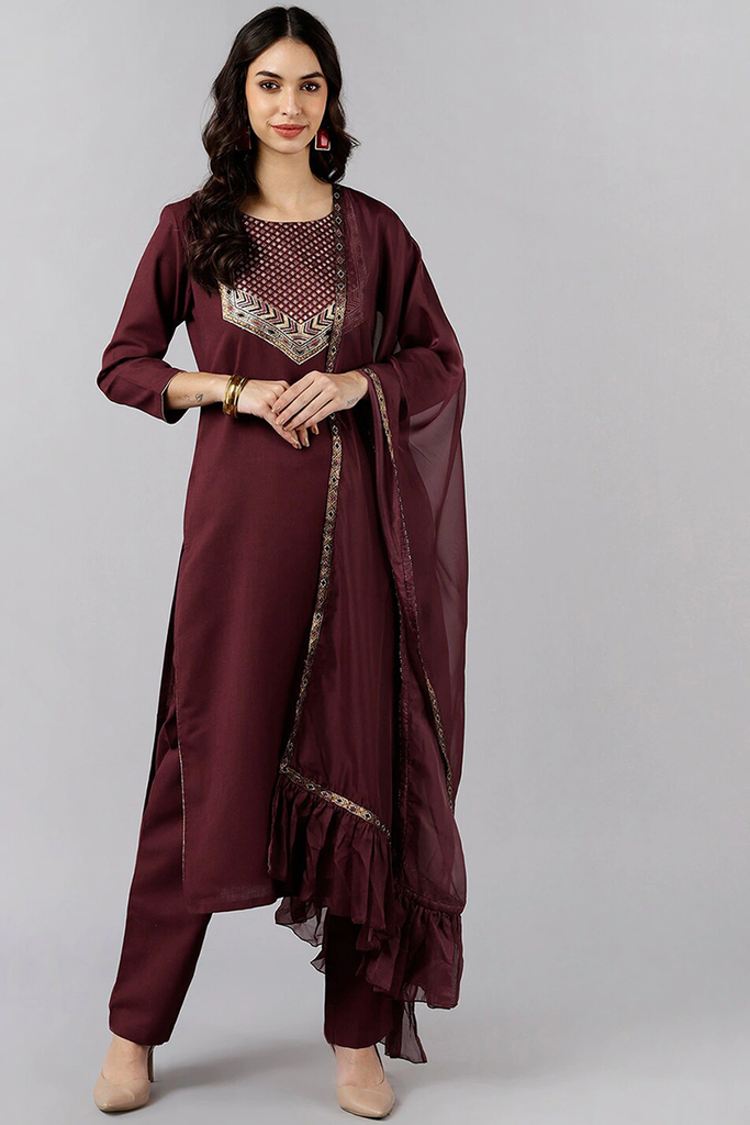  Women Maroon Solid Woven Design Kurta Trousers With Dupatta