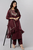  Women Maroon Solid Woven Design Kurta Trousers With Dupatta