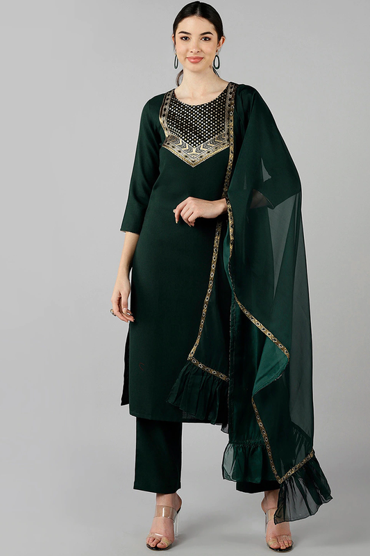  Women Green Solid Woven Design Kurta Trousers With Dupatta 