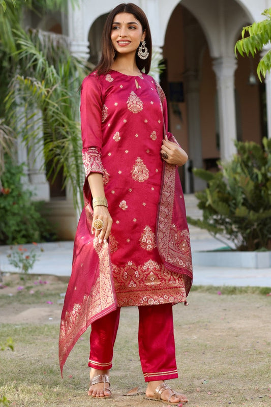  Women Maroon Woven Design Kurta Trousers With Dupatta 