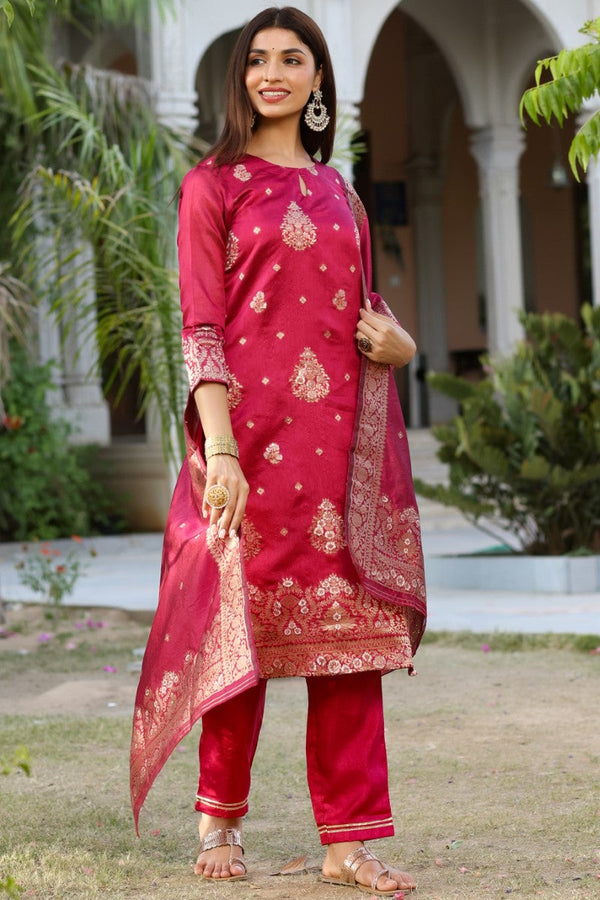  Women Maroon Woven Design Kurta Trousers With Dupatta 