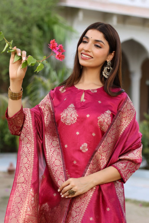  Women Maroon Woven Design Kurta Trousers With Dupatta 