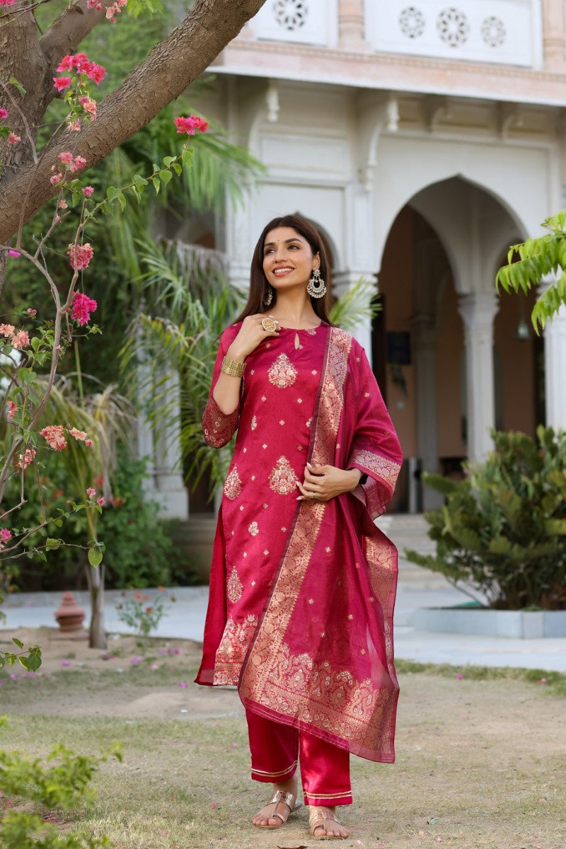  Women Maroon Woven Design Kurta Trousers With Dupatta 