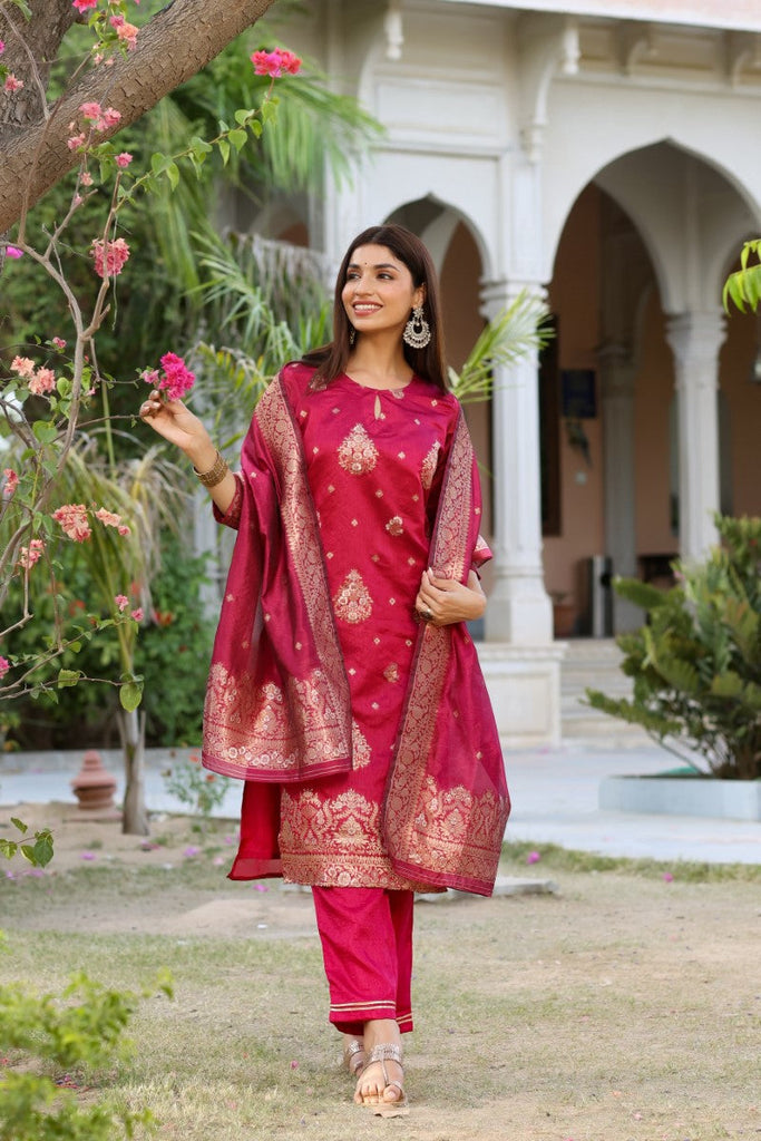  Women Maroon Woven Design Kurta Trousers With Dupatta 