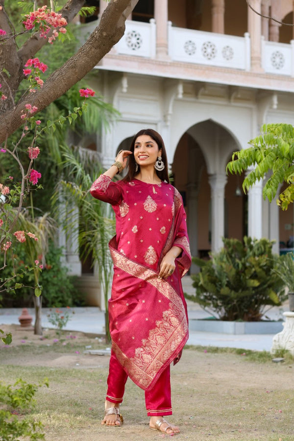  Women Maroon Woven Design Kurta Trousers With Dupatta 