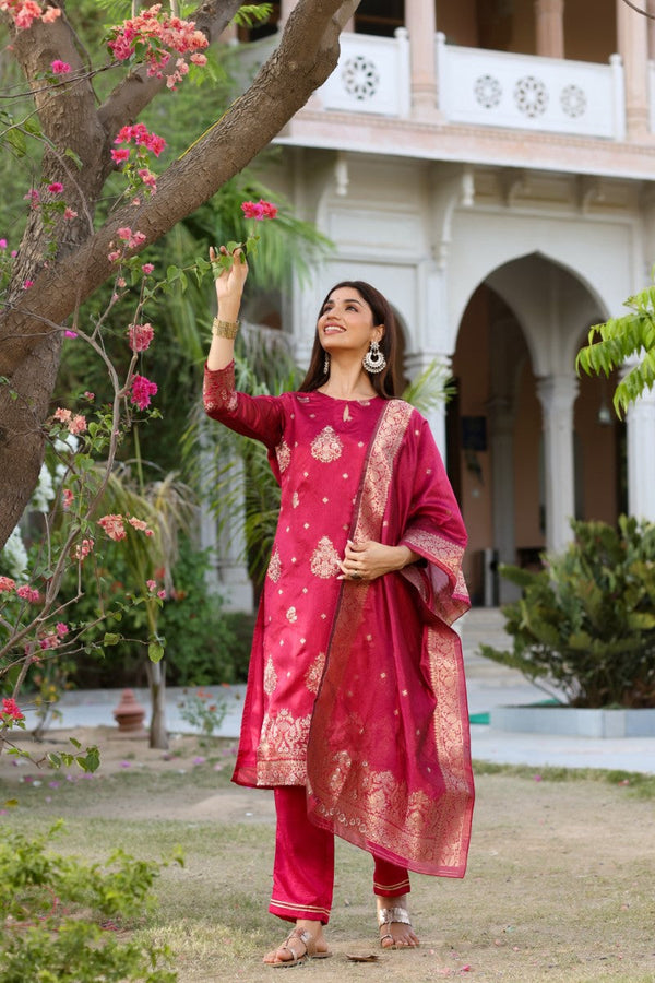  Women Maroon Woven Design Kurta Trousers With Dupatta 