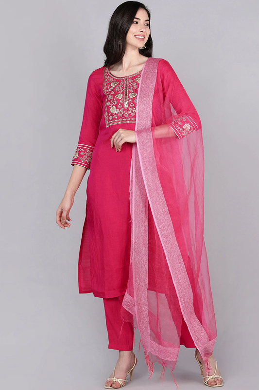  Women Fuchsia Solid Embroidered Kurta Trousers With Dupatta