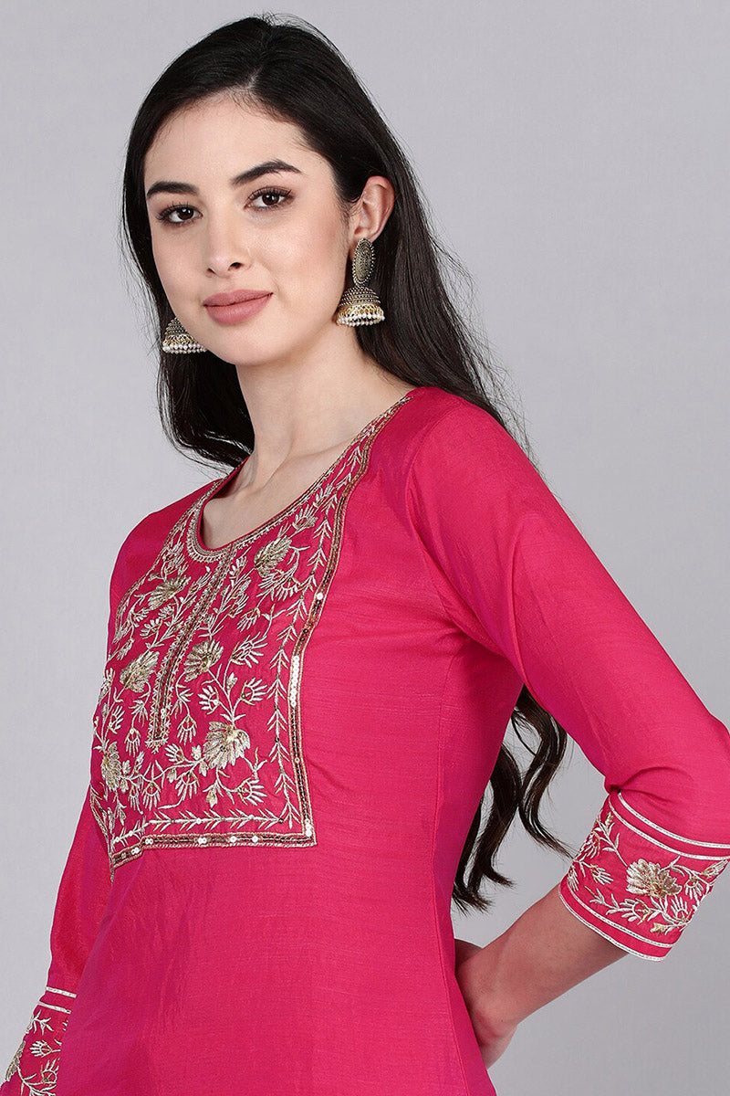  Women Fuchsia Solid Embroidered Kurta Trousers With Dupatta