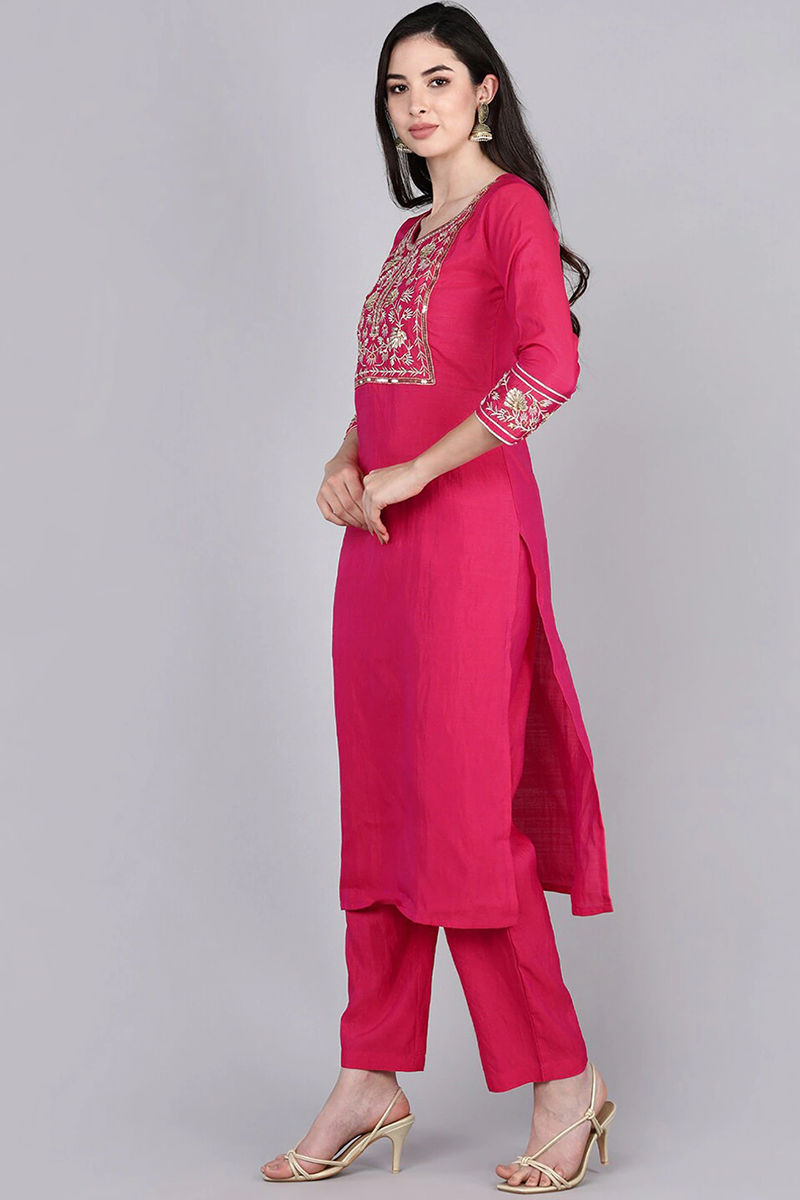  Women Fuchsia Solid Embroidered Kurta Trousers With Dupatta