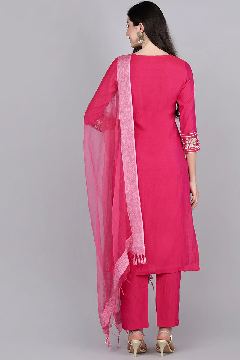  Women Fuchsia Solid Embroidered Kurta Trousers With Dupatta