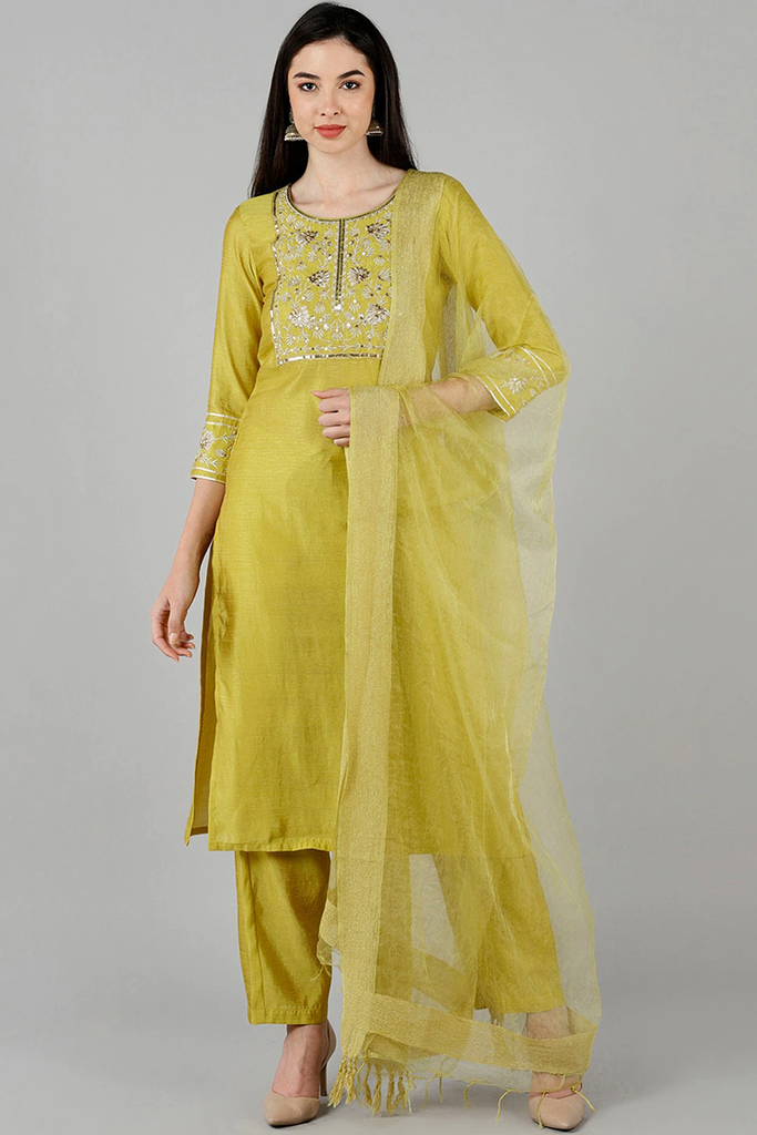  Women Yellow Solid Embroidered Kurta Trousers With Dupatta