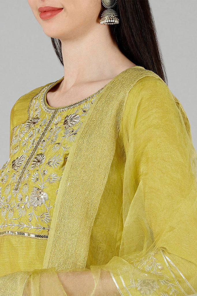  Women Yellow Solid Embroidered Kurta Trousers With Dupatta