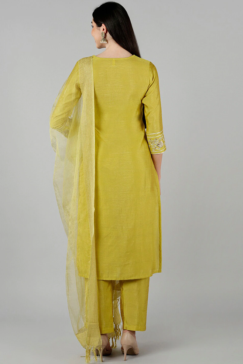  Women Yellow Solid Embroidered Kurta Trousers With Dupatta