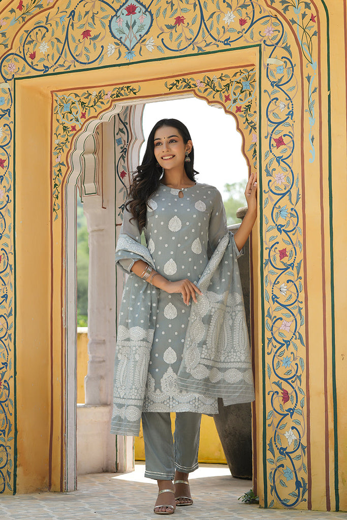  Women Grey Woven Design Kurta Trousers With Dupatta