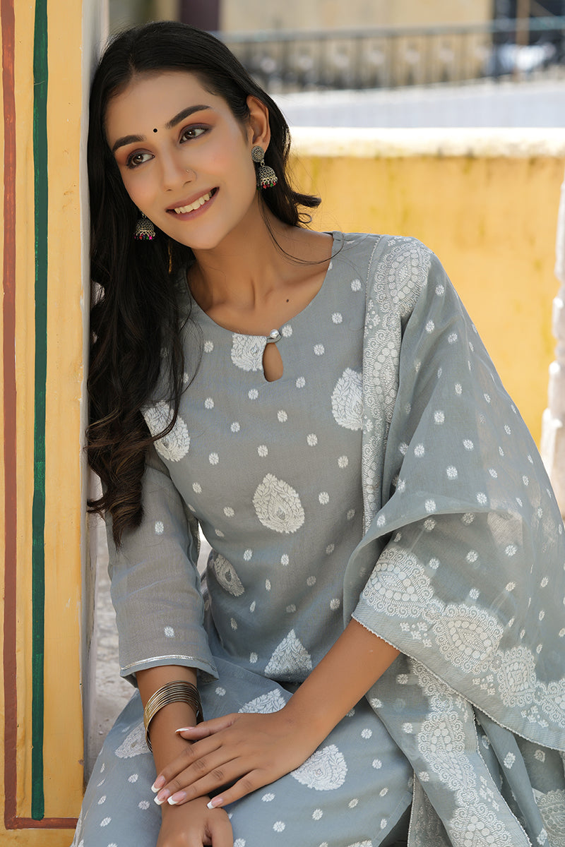  Women Grey Woven Design Kurta Trousers With Dupatta