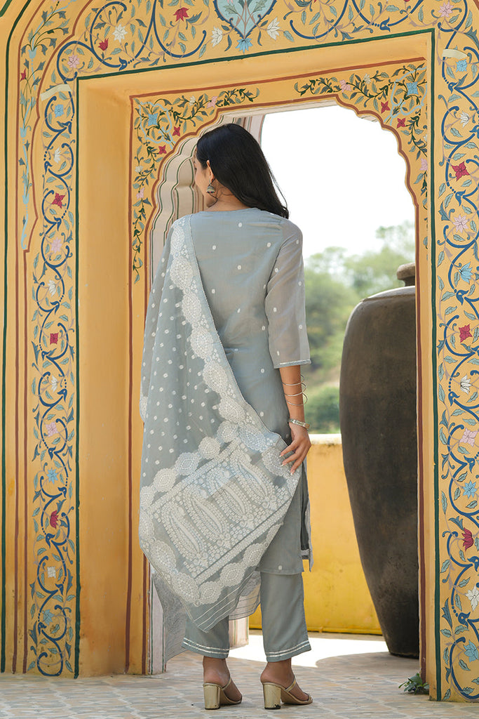  Women Grey Woven Design Kurta Trousers With Dupatta