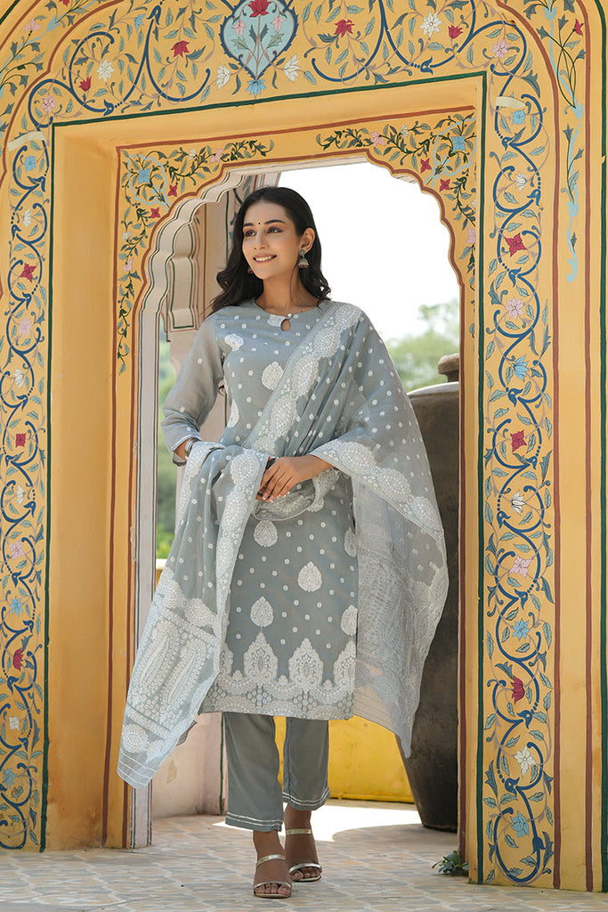  Women Grey Woven Design Kurta Trousers With Dupatta