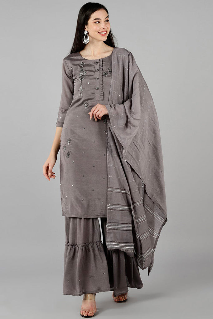 Women Grey Solid Embroidered Kurta Sharara With Dupatta PKSKD1218