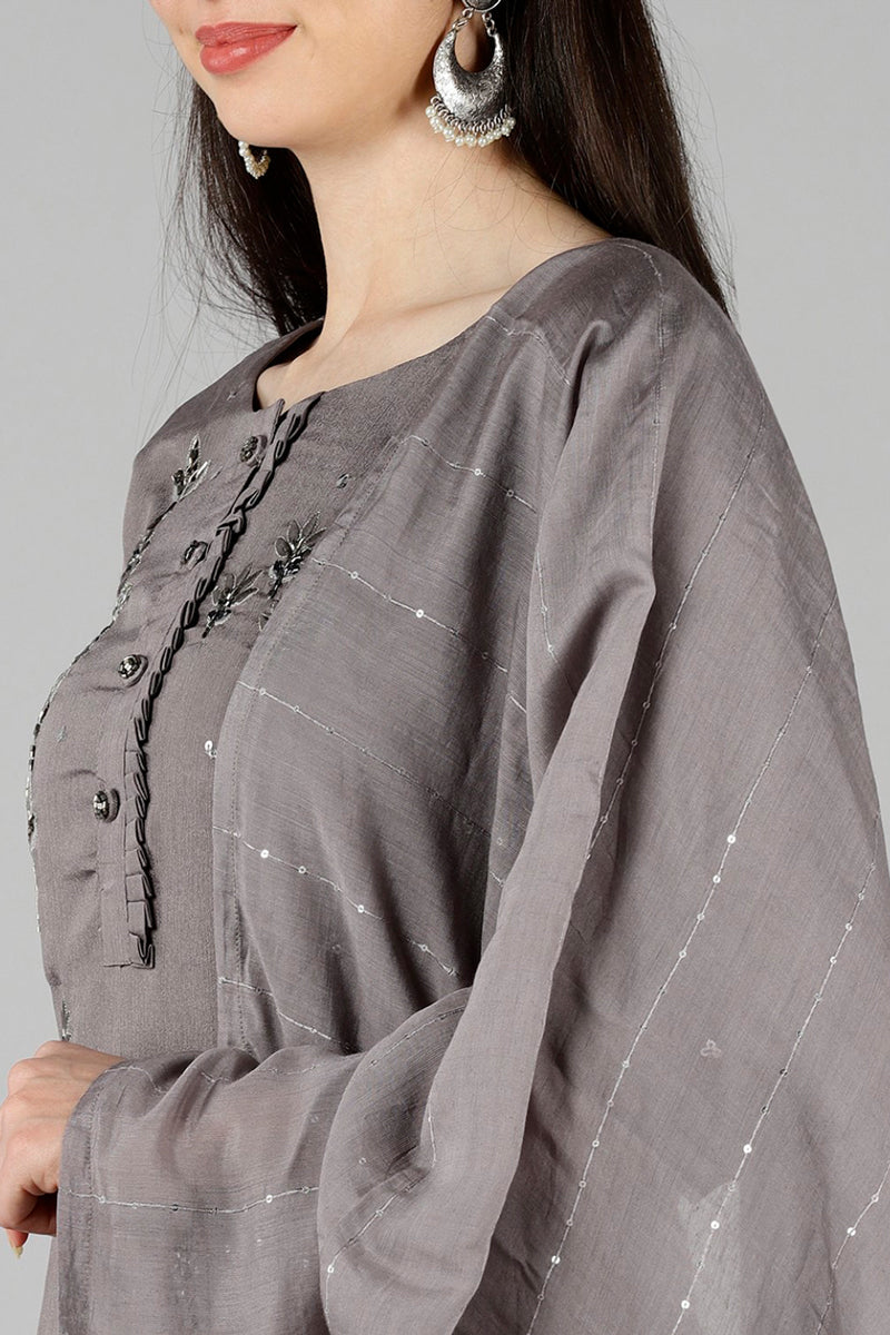 Women Grey Solid Embroidered Kurta Sharara With Dupatta PKSKD1218