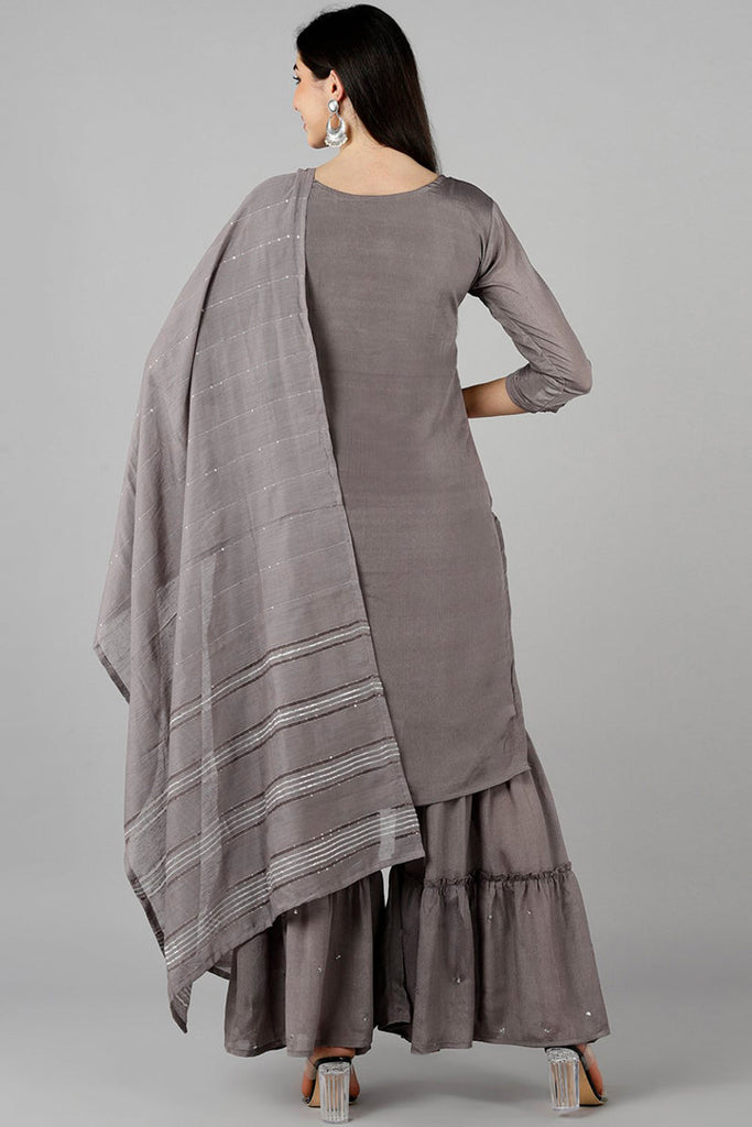 Women Grey Solid Embroidered Kurta Sharara With Dupatta PKSKD1218