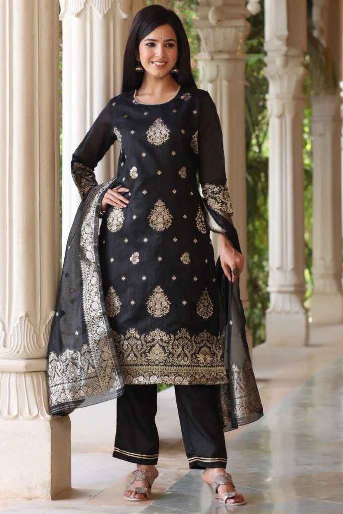  Women Black Solid Woven Design Kurta Trousers With Dupatta 