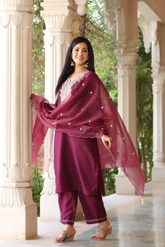  Women Purple Embroidered Kurta with Trousers & With Dupatta