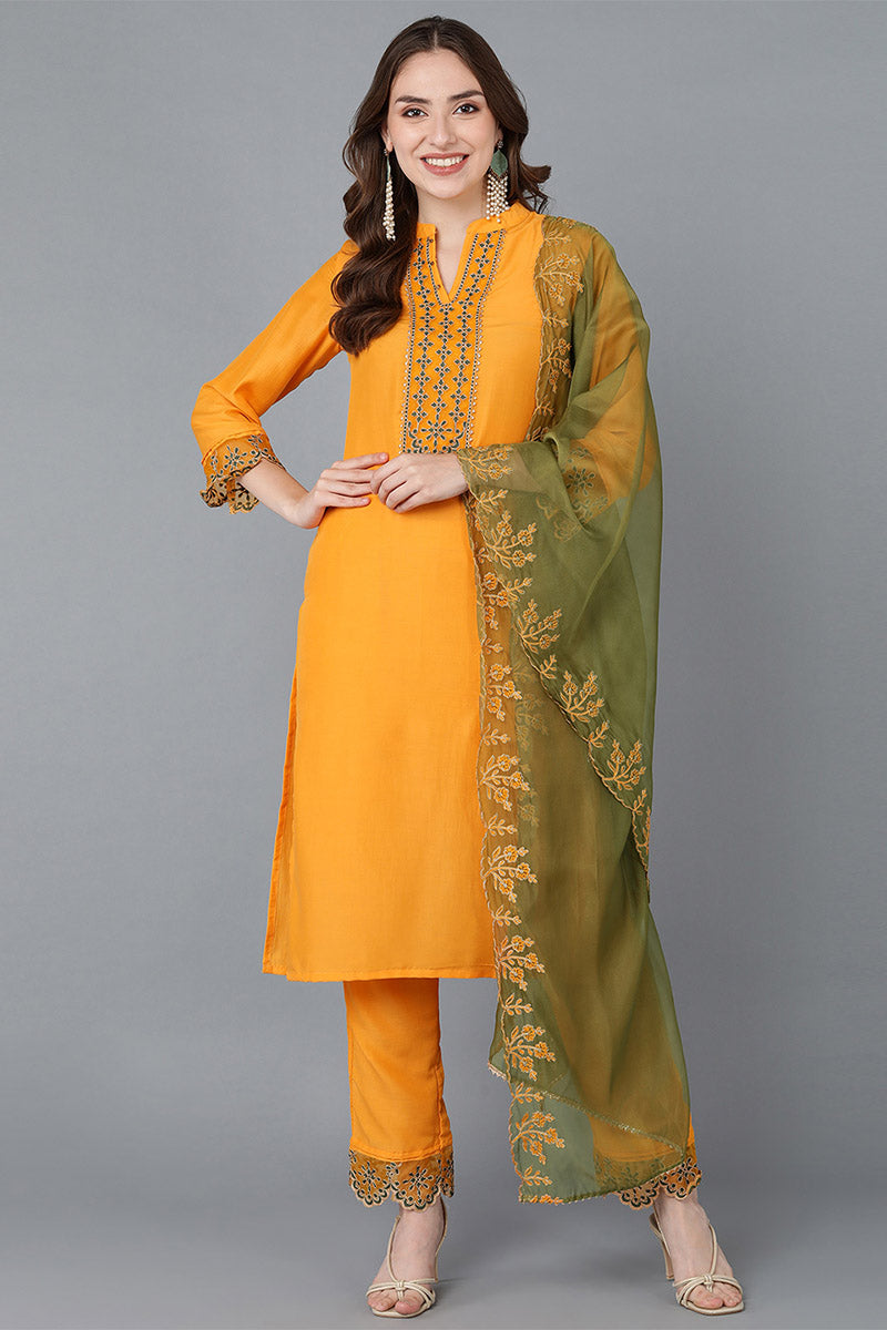  Women Mustard Embroidered Kurta Trousers With Dupatta 