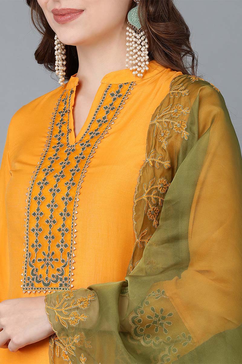  Women Mustard Embroidered Kurta Trousers With Dupatta 