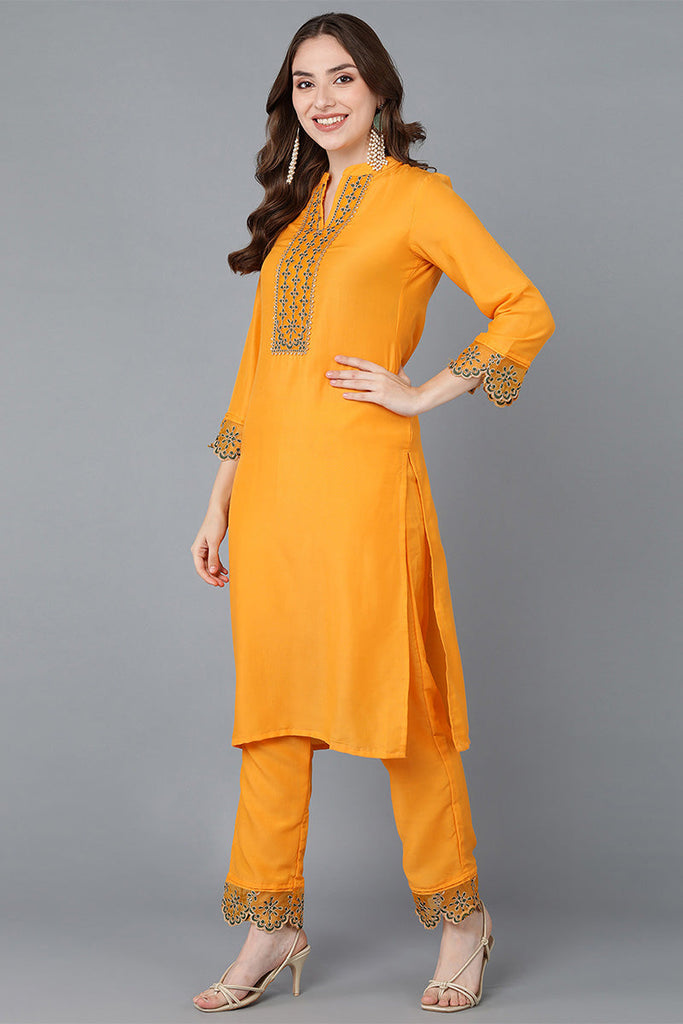  Women Mustard Embroidered Kurta Trousers With Dupatta 