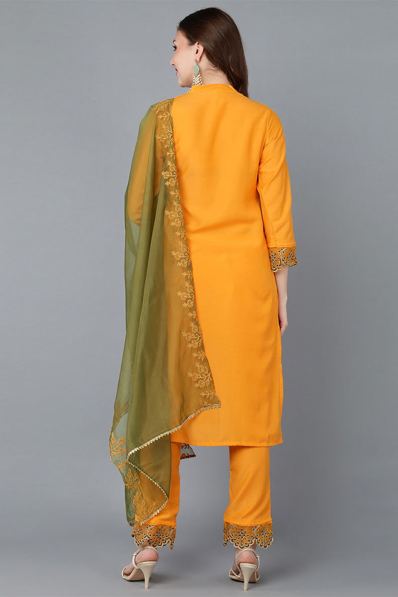  Women Mustard Embroidered Kurta Trousers With Dupatta 