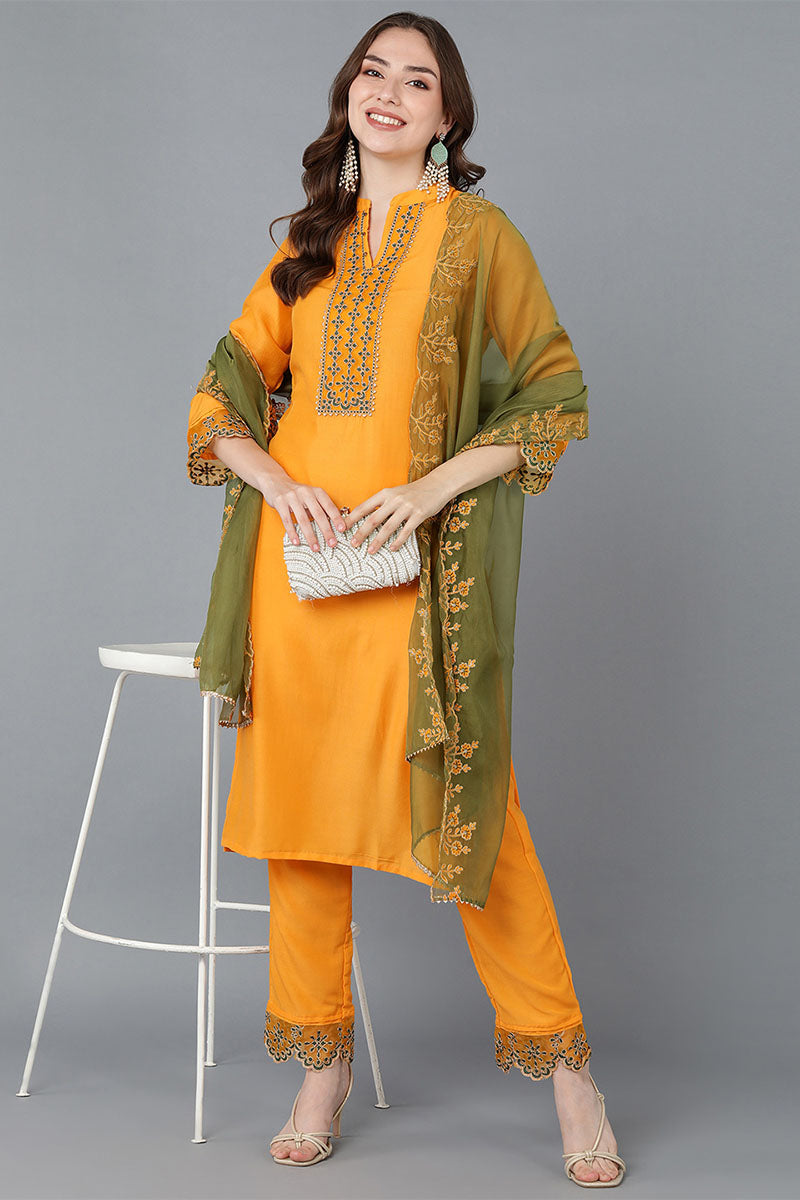  Women Mustard Embroidered Kurta Trousers With Dupatta 