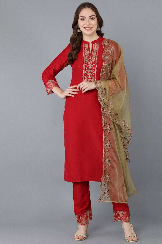  Women Red Embroidered Kurta Trousers With Dupatta