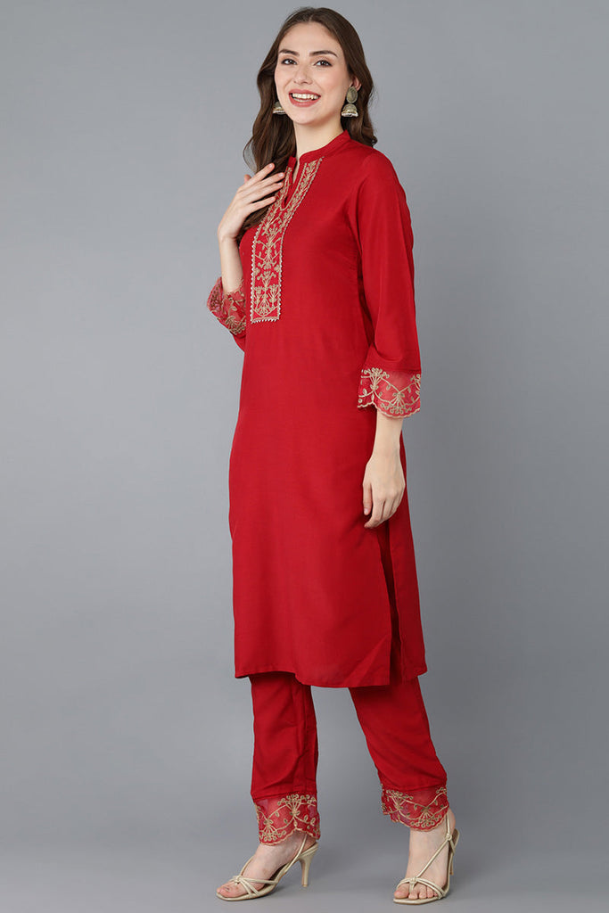  Women Red Embroidered Kurta Trousers With Dupatta