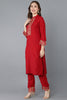  Women Red Embroidered Kurta Trousers With Dupatta