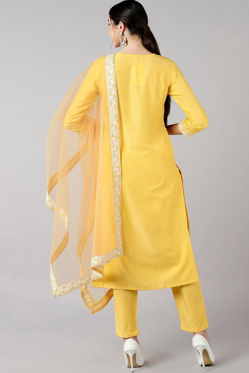 Yellow Poly Silk Embroidered Straight Suit Set PKSKD1265