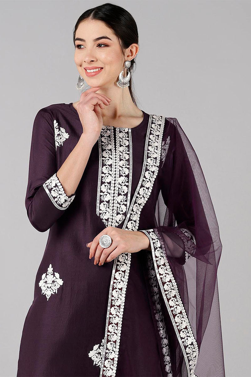  Women Purple Solid Embroidered Kurta Trousers With Dupatta