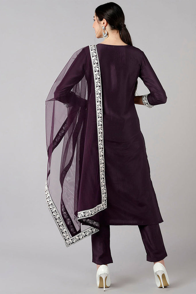  Women Purple Solid Embroidered Kurta Trousers With Dupatta