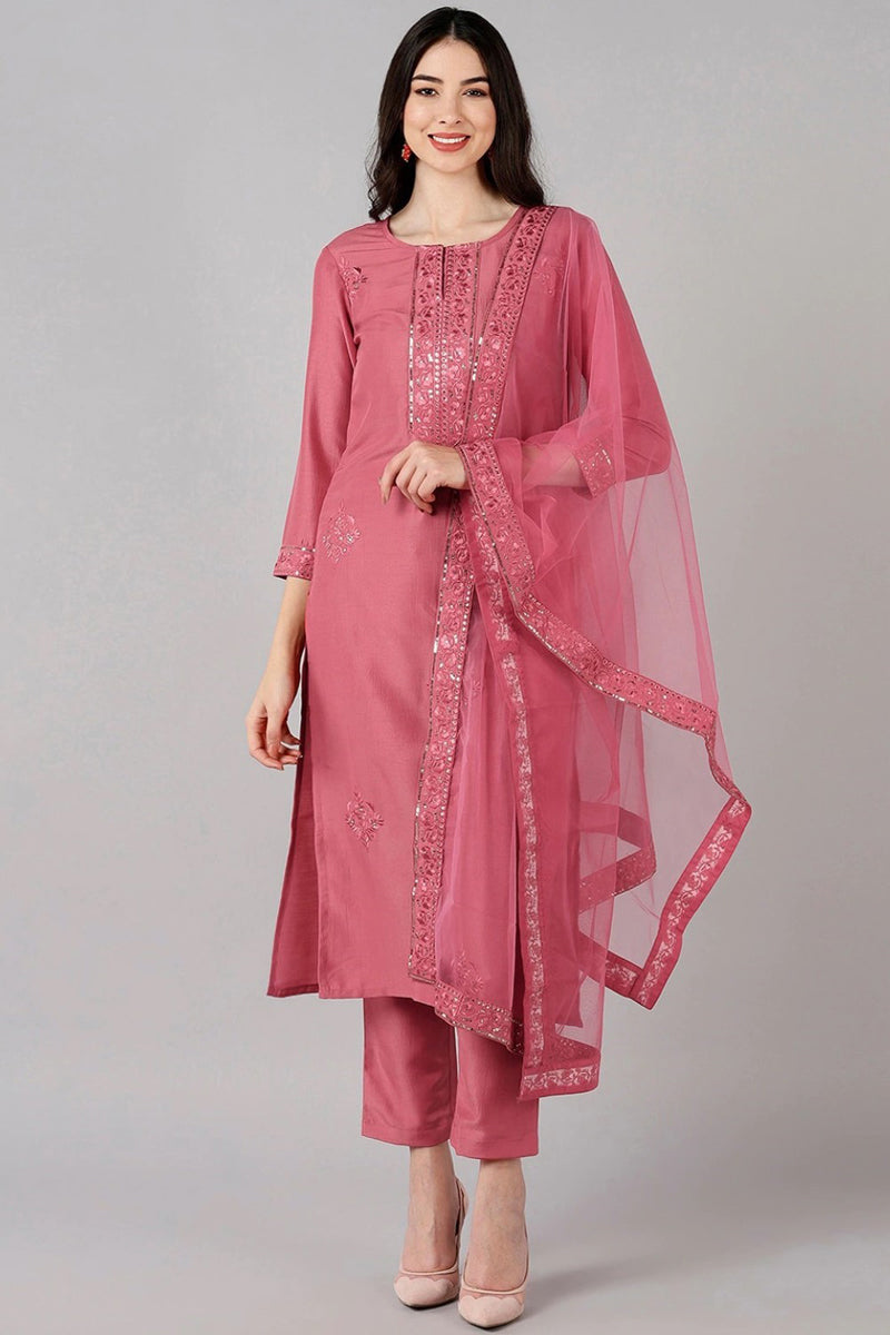 Rose Poly Silk Thread Embroidered Straight Suit Set PKSKD1270