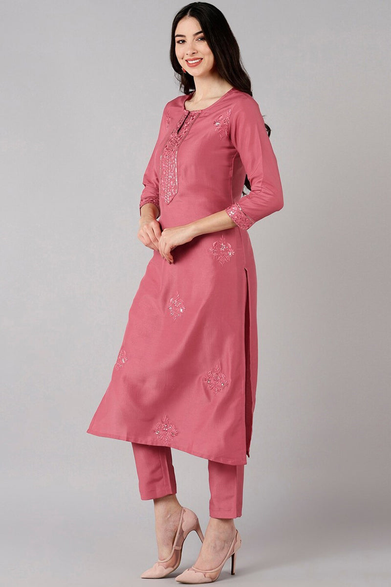 Rose Poly Silk Thread Embroidered Straight Suit Set PKSKD1270