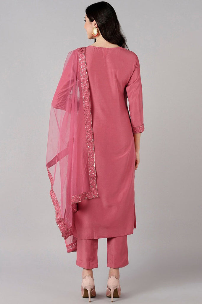 Rose Poly Silk Thread Embroidered Straight Suit Set PKSKD1270