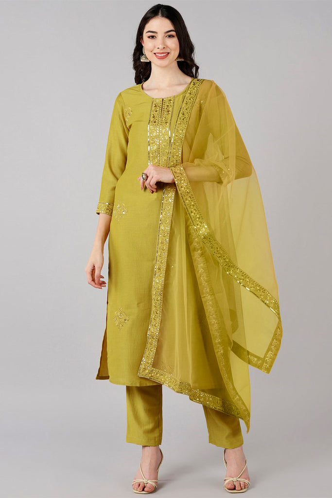 Mustard Poly Silk Thread Embroidered Straight Suit Set PKSKD1271