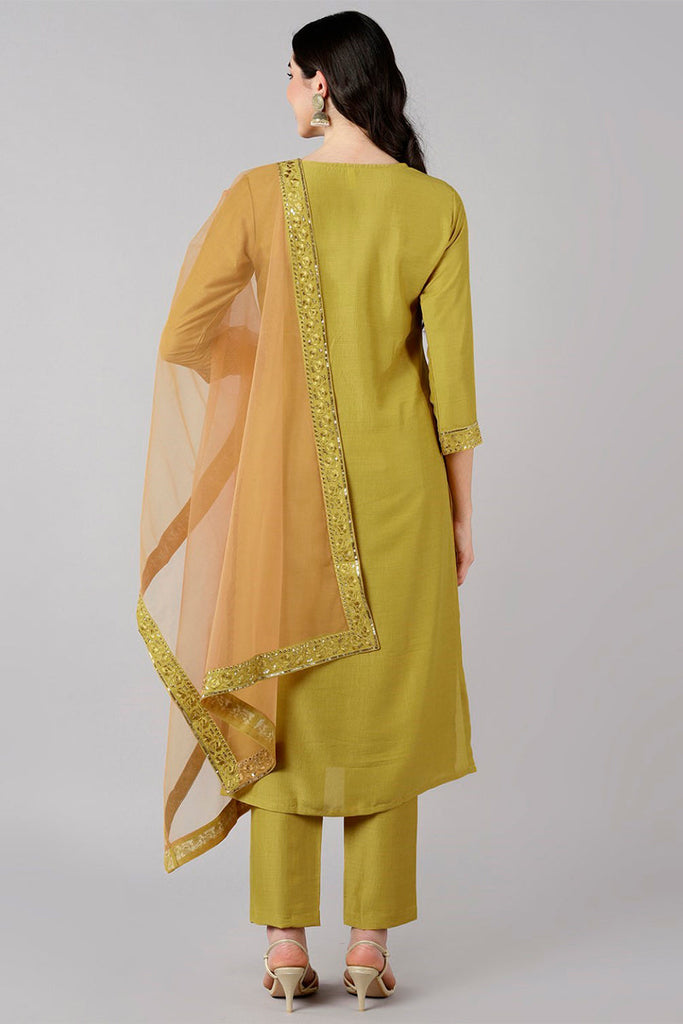 Mustard Poly Silk Thread Embroidered Straight Suit Set PKSKD1271