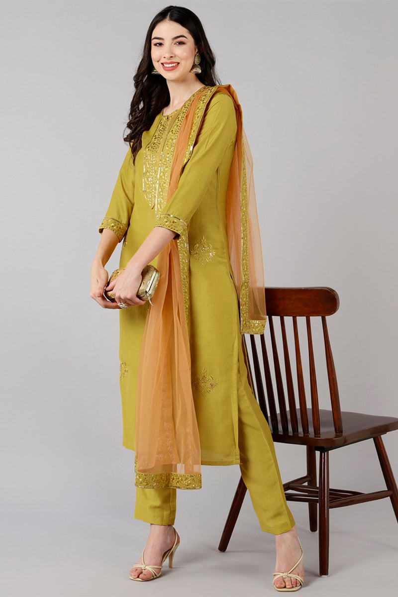 Mustard Poly Silk Thread Embroidered Straight Suit Set PKSKD1271