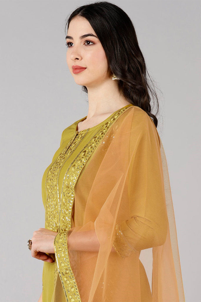 Mustard Poly Silk Thread Embroidered Straight Suit Set PKSKD1271