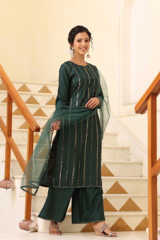  Women Green Solid Kurta Trousers With Dupatta